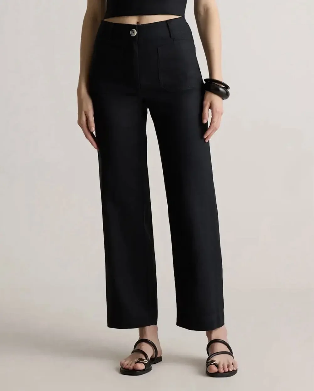 Quince Sz 8 100% European Linen Patch Pocket Pants Black Natural Fiber $52